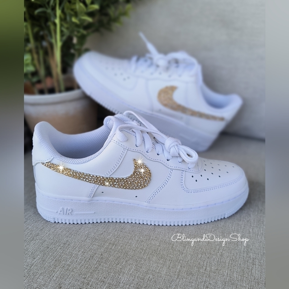 Women's Air Force 1 07 White Sneakers made with Gold Swarovski Crystals - Picture 7 of 8